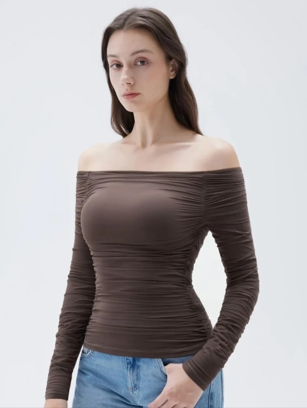 Off-Shoulder Ruched Long Sleeve Top in Brown